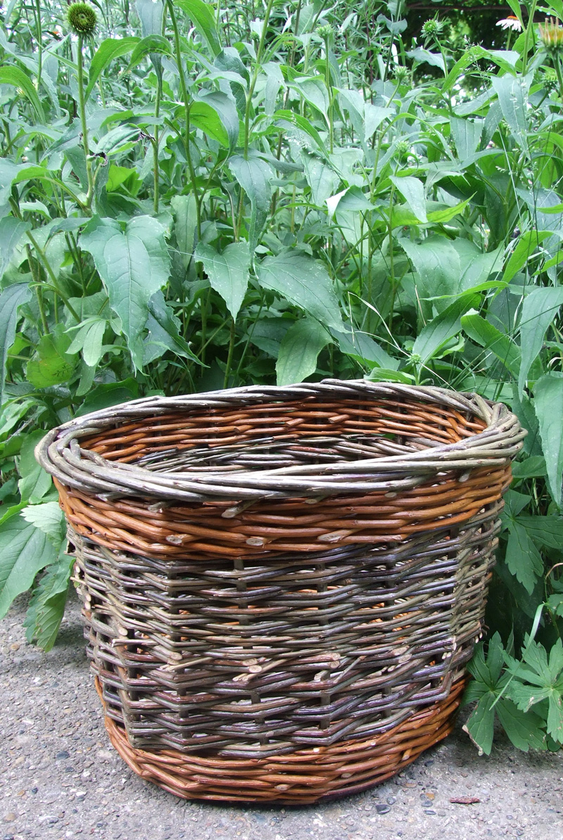 A willow waste basket using a variety of locally-grown willow. Love those colours!